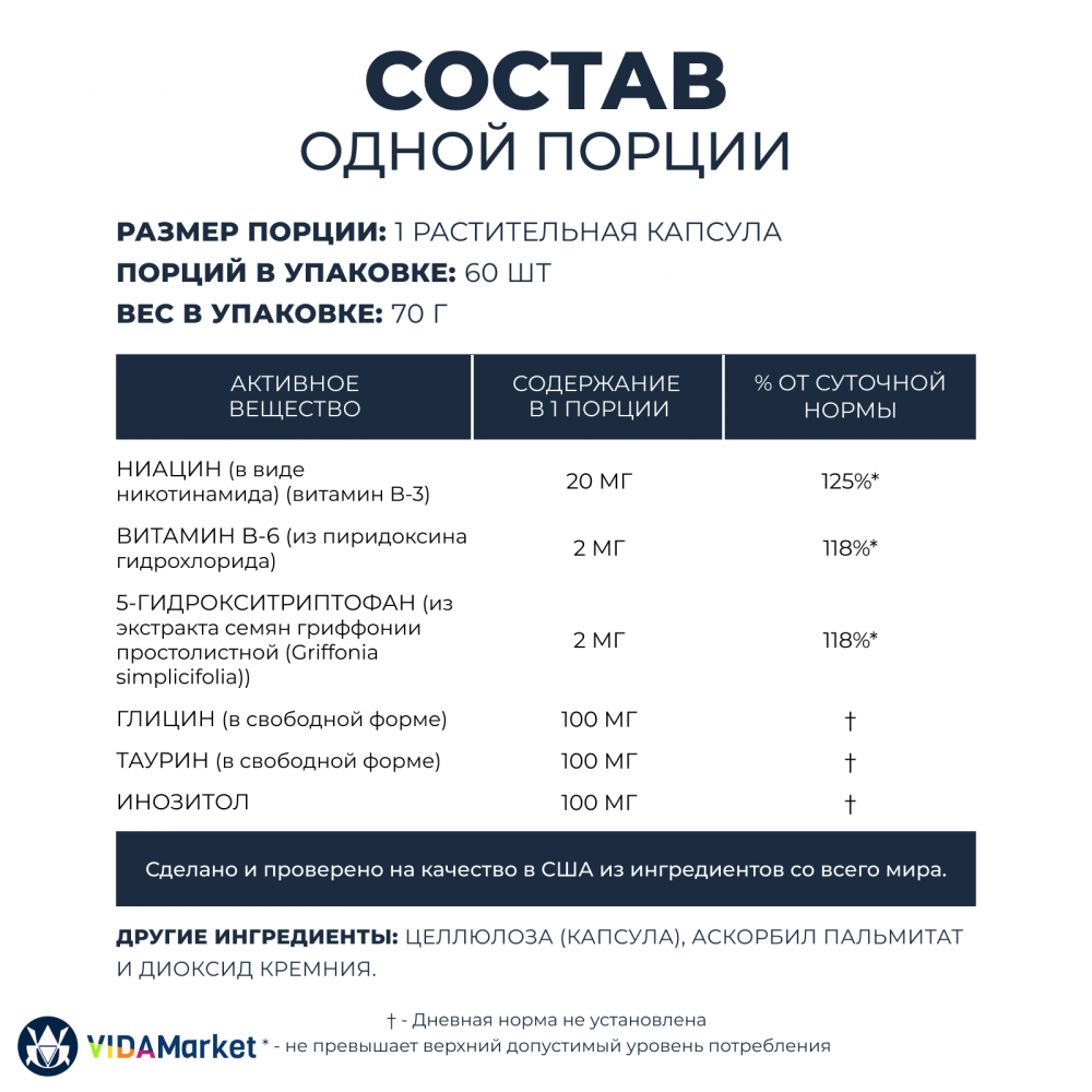 NOW Foods 5-HTP Двойная Сила, Double Strength 200 мг, 60 шт. вегетарианских капсул