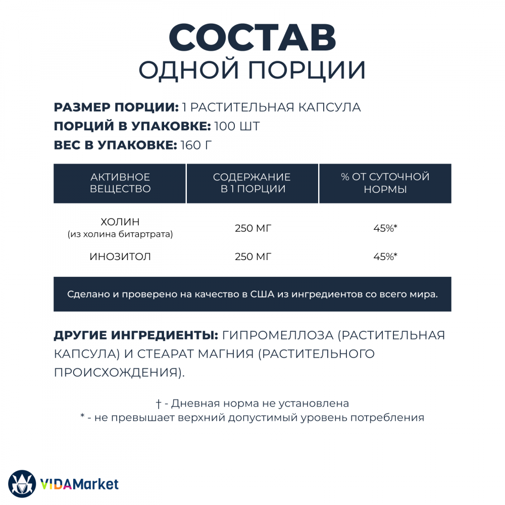 NOW Foods, Choline & Inositol, Холин + Инозитол 500 мг - 100 растительных капсул