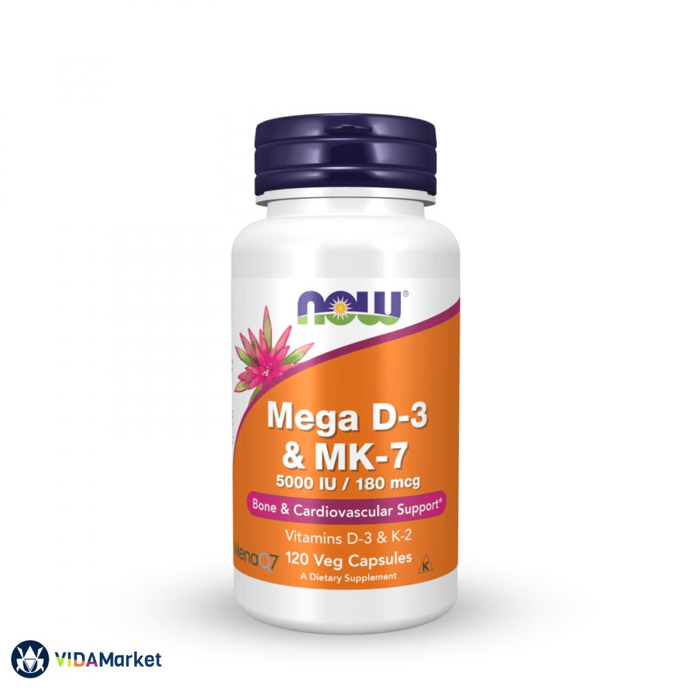NOW Foods, Мега Витамин Д3 5000 МЕ + К2 МК-7 180 мкг, 120 растительных капсул