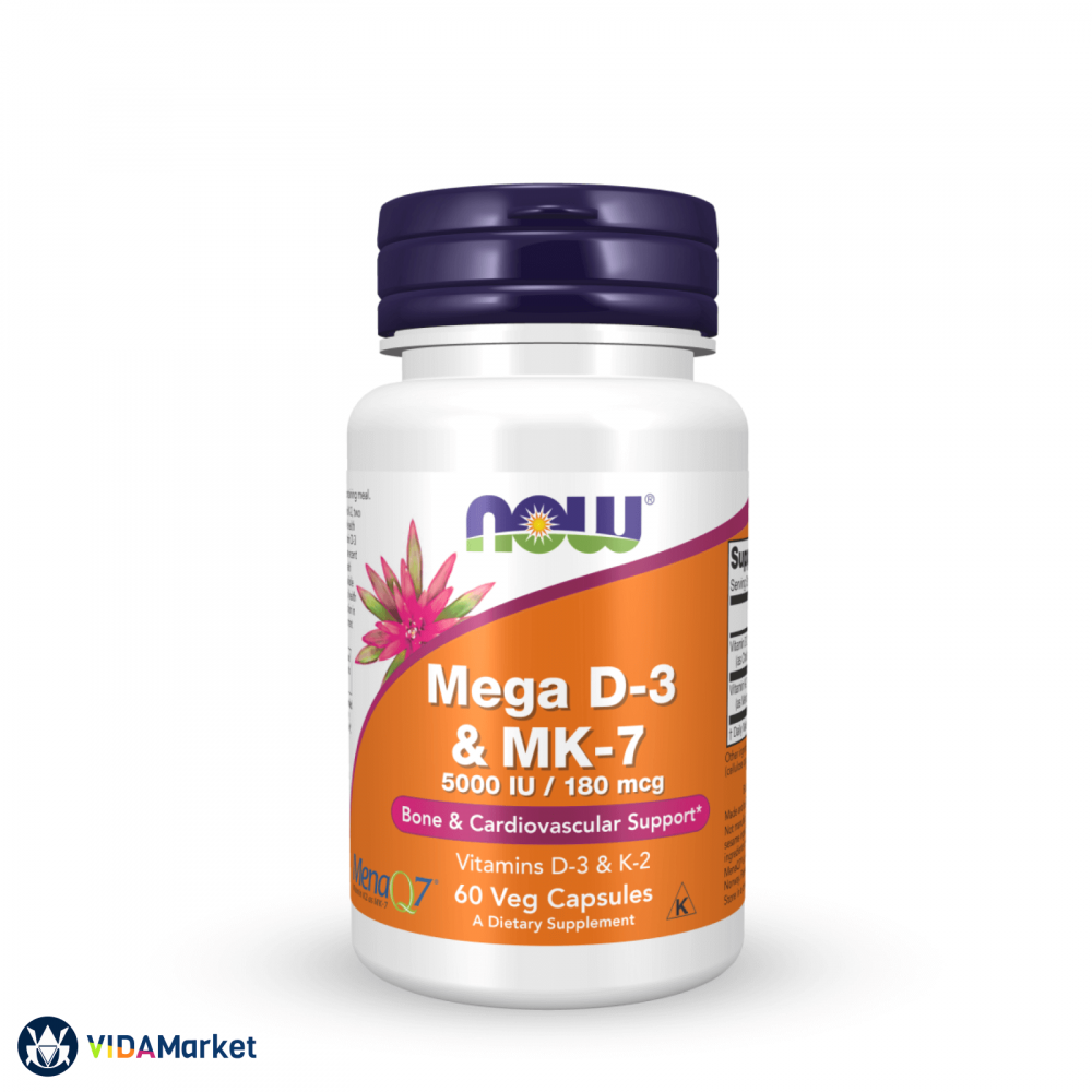 NOW Foods, Мега Витамин Д3 5000 МЕ + К2 МК-7 180 мкг, 60 растительных капсул